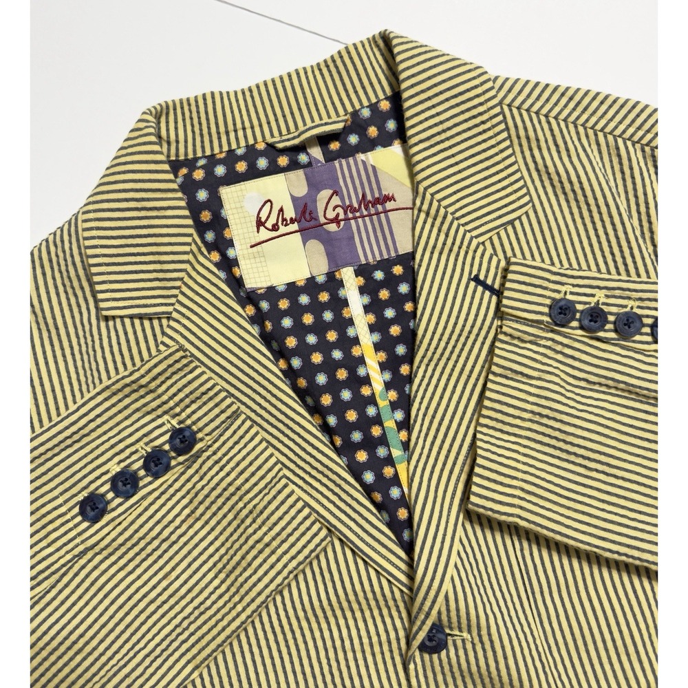 Robert Graham Mens Seersucker Unstructured Sport Coat Blazer Yellow Striped Sz L